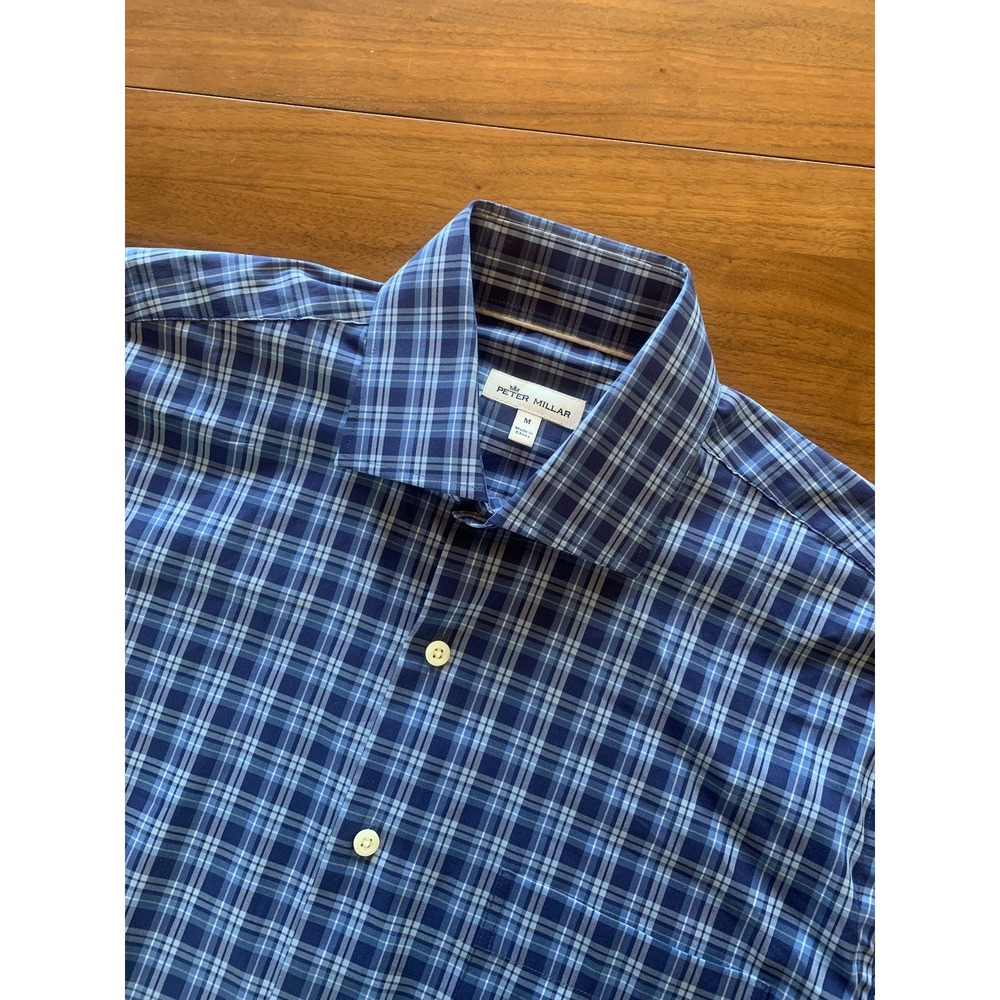 Peter Millar Crown Comfort Shirt Button Up Mens M Blue Plaid Check Stretch Light